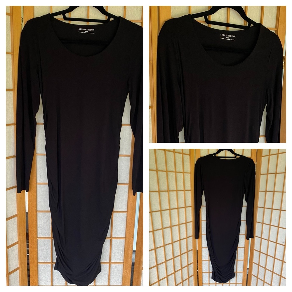 A Pea In The Pod Basic Black Stretch Rouched Long Sleeve Dress SZ M - Picture 2 of 10